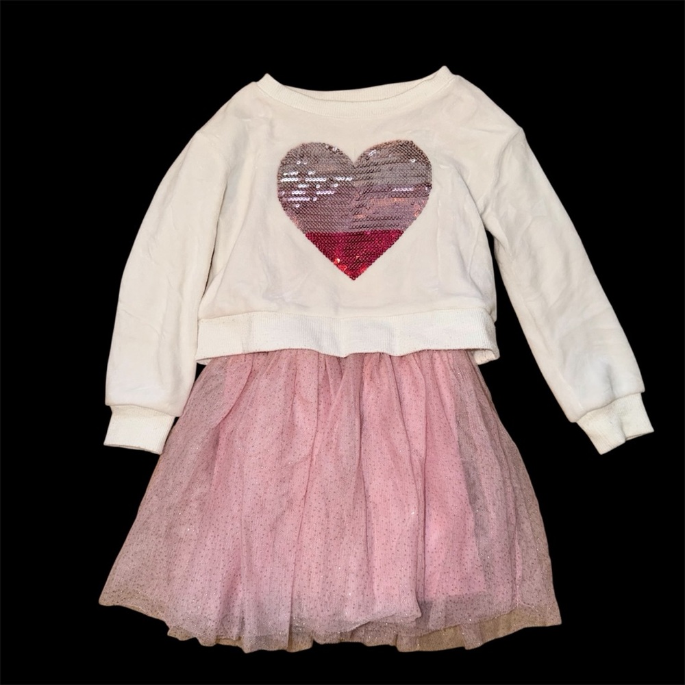 Girls Cream Top with Pink Sequin Heart and Pink Tulle Skirt Dress